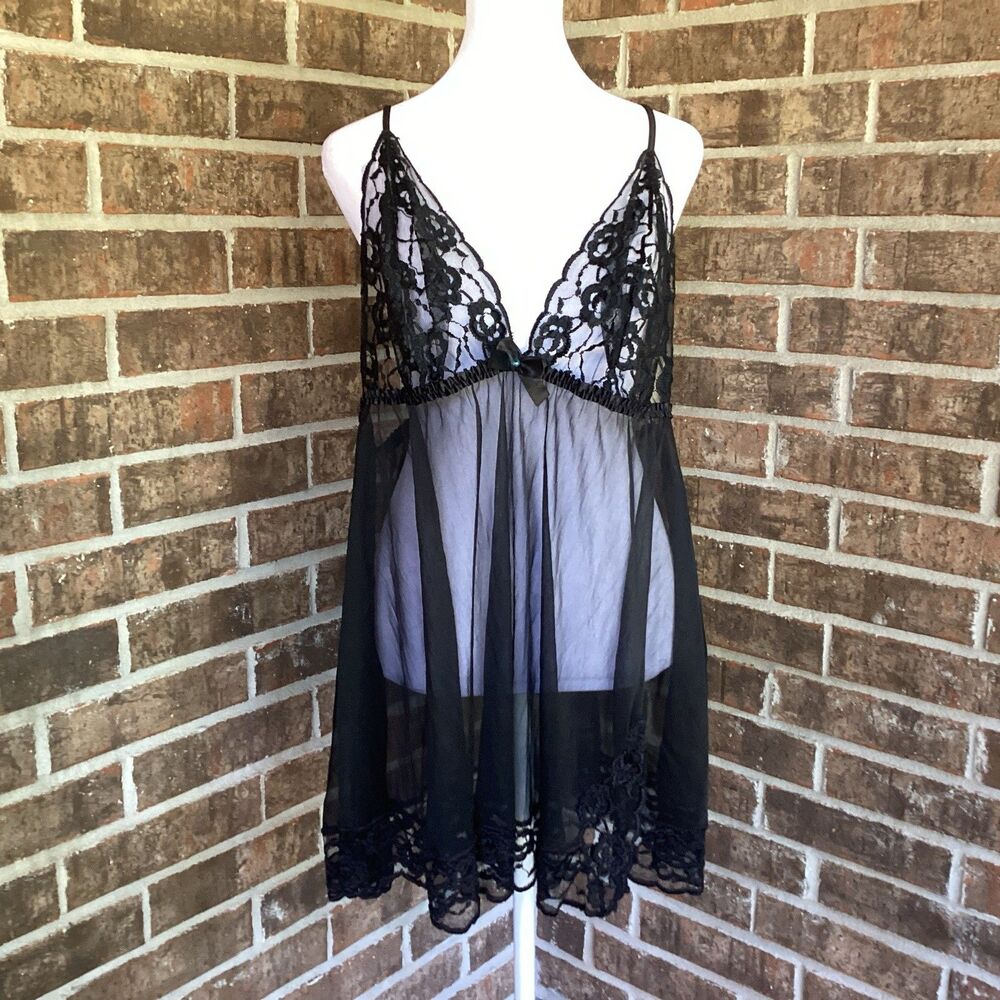 Fredericks Of Hollywood Babydoll Lingerie Womens Size 2XL Sheer Black Lace Bow